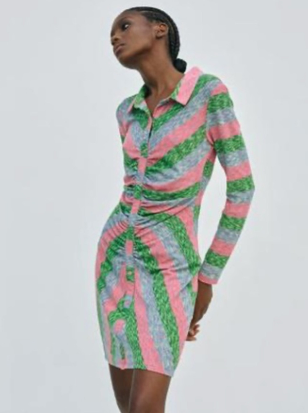 ZARA Women’s Dress Multicolor Striped Collar Long Sleeve Gathered Size Medium